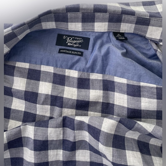 Penguin Button Down Shirt Plaid Blue White Slim Fit 15 32/33 Cotton small - Picture 3 of 11